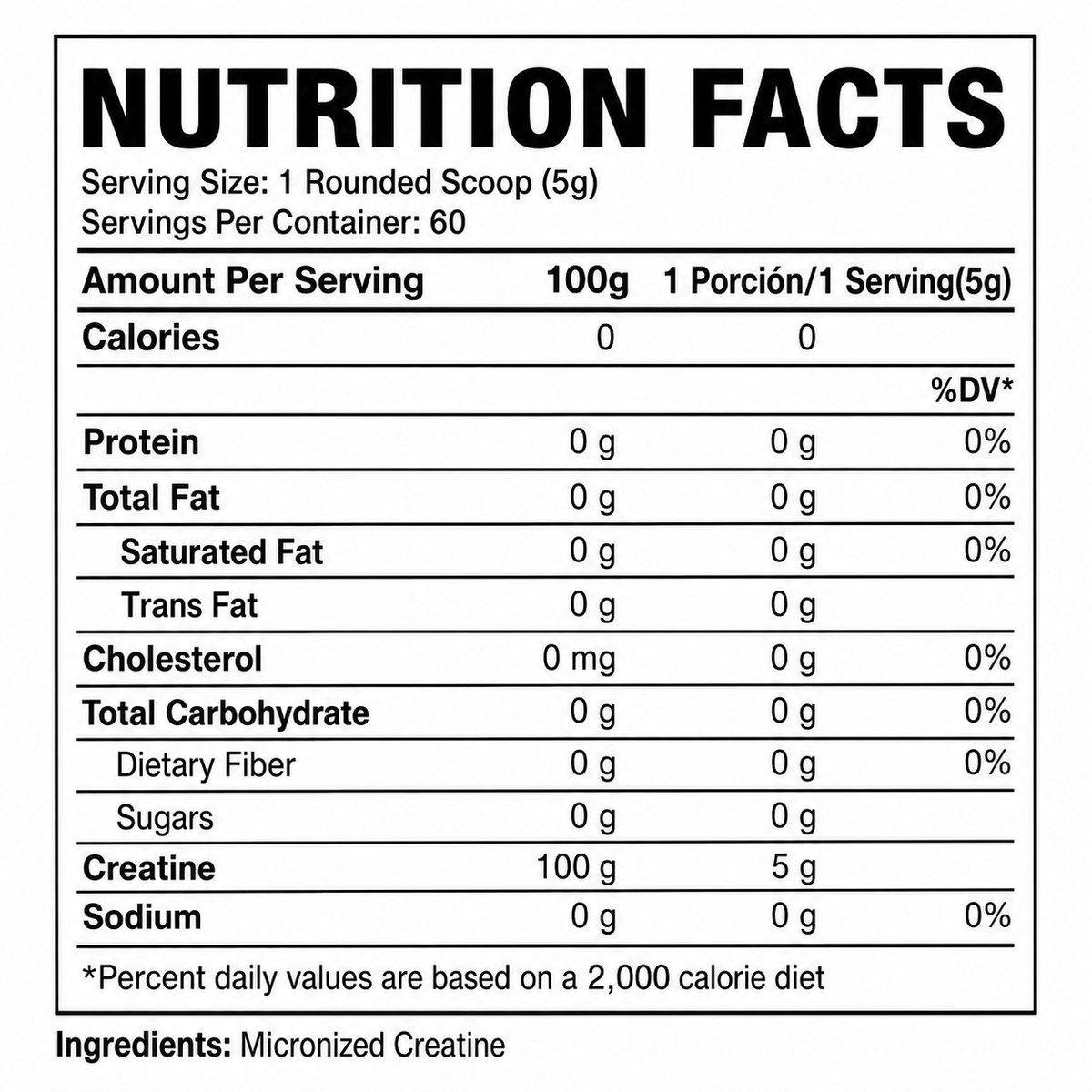 100% PURE Creatina Micronized - 300 grs / 60 servicios, unflavored 
