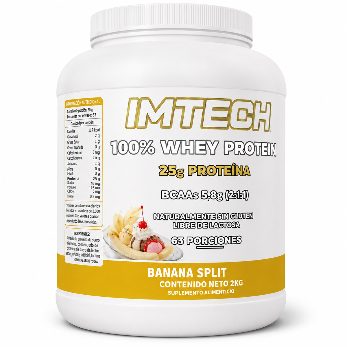 100% WHEY PROTEIN (SIN Gluten / Lactosa) - 2 kgs / 63 porciones
