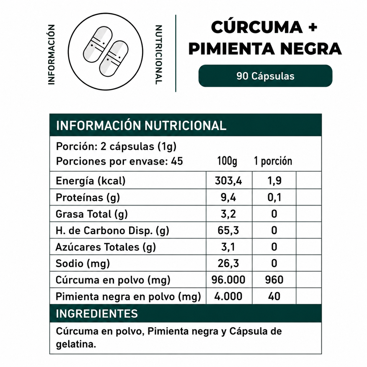 Curcuma + Pimienta Negra 500 Mg 90 Cápsulas