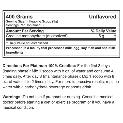 100% Creatina PLATINUM Monohydrate – 400 grs / 80 servicios, unflavored