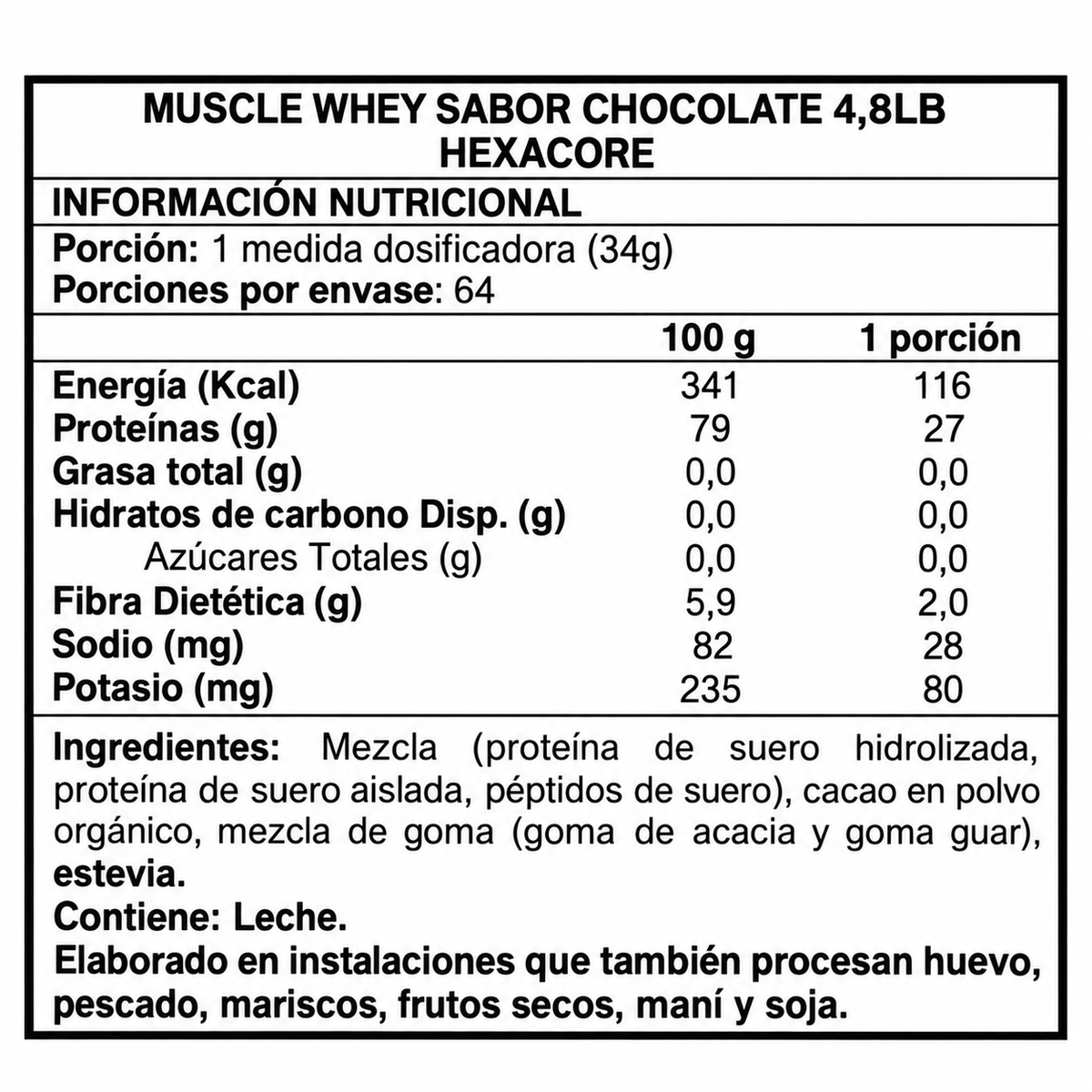 Proteina Hexacore Muscle Whey isolate 4.8 libras 64 servicios