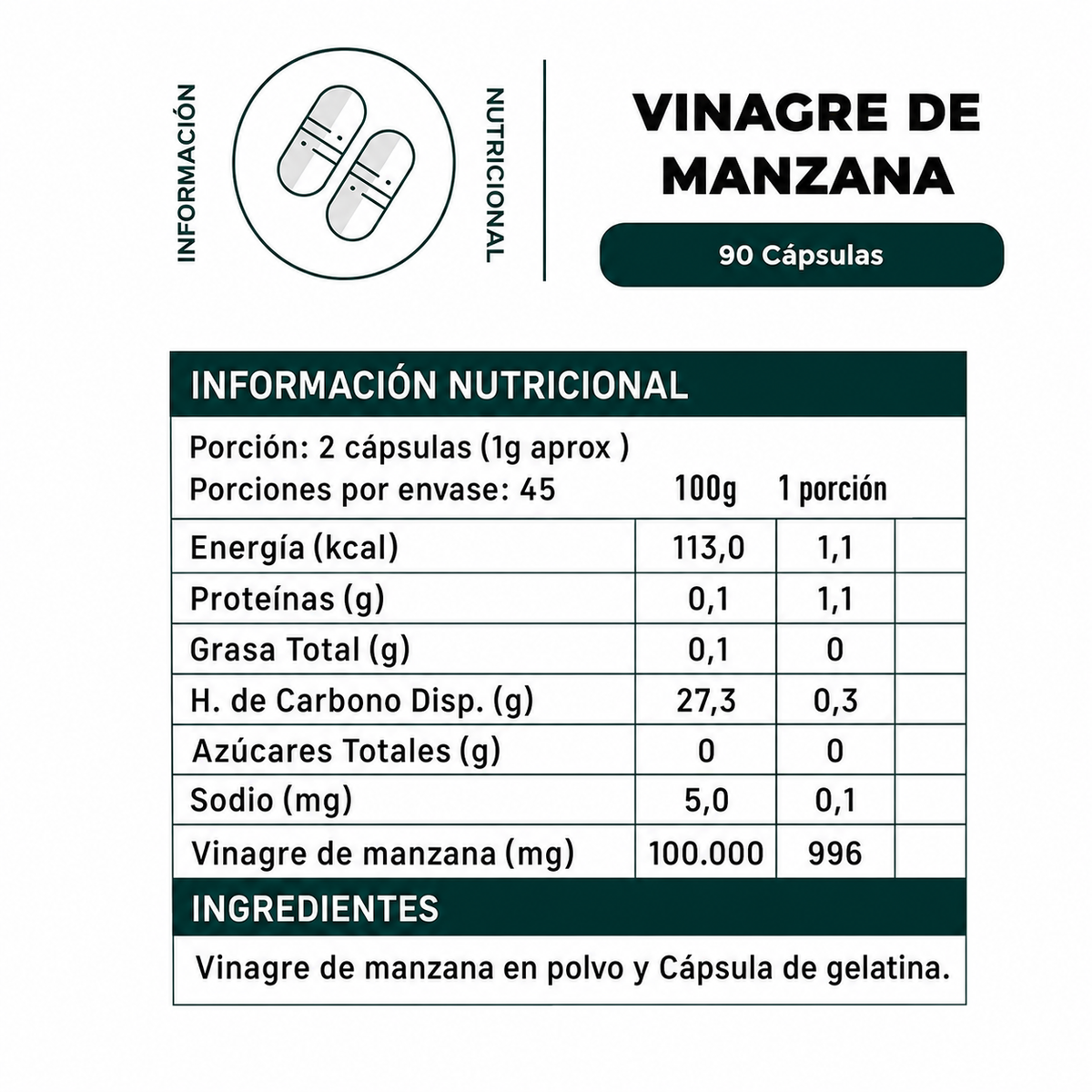 Vinagre De Manzana 400mg 90 Cápsulas